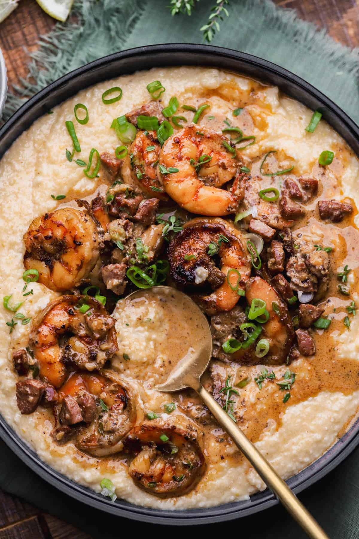 Shrimp and Grits with Andouille — Seafood recipe plated